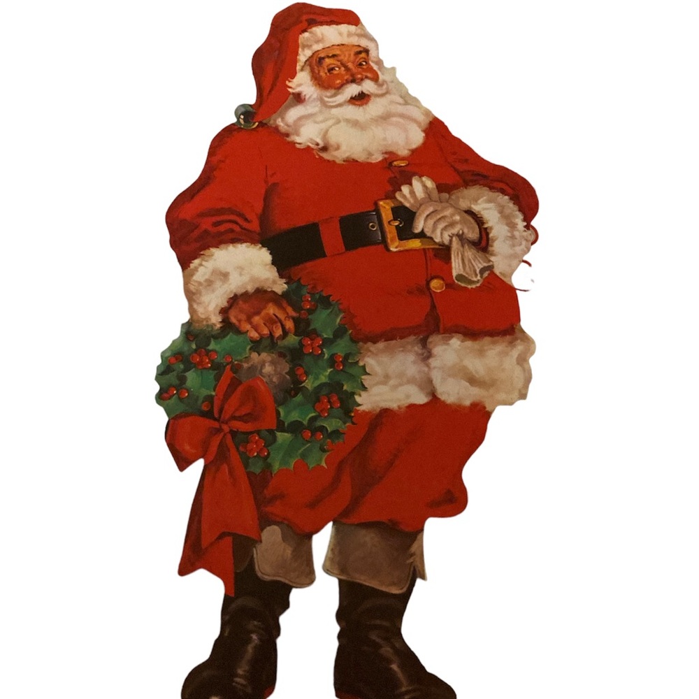 Vintage Christmas Santa Claus Holding Wreath Die Cut Wall Decor 14” 2 Sided